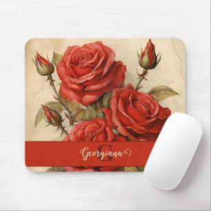 Tapis De Souris Aquarelle Vintage personnalisée Roses Florales Rou
