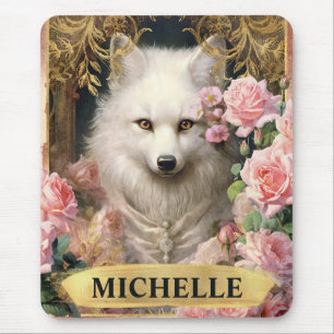 Tapis De Souris Aquarelle Vintage Renard blanc et Roses roses rose