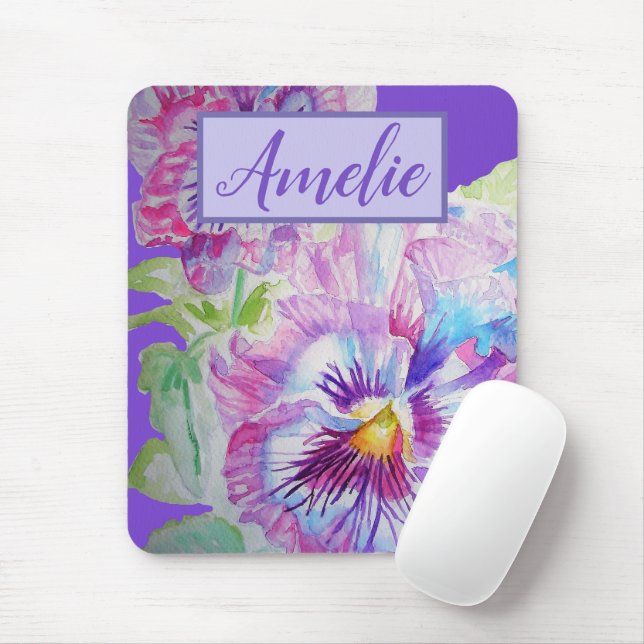 Tapis De Souris Aquarelle violette Panseuse Jolie Fleur Florale (Avec souris)