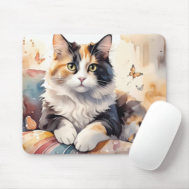 Tapis De Souris Aquarelle Whimsical Calico Chat et Papillons (Avec souris)