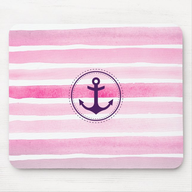 Tapis De Souris Aquarelles rose Chic rayures Ancre nautique (Devant)