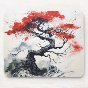Tapis De Souris Arbre Abstrait Rouge Noir