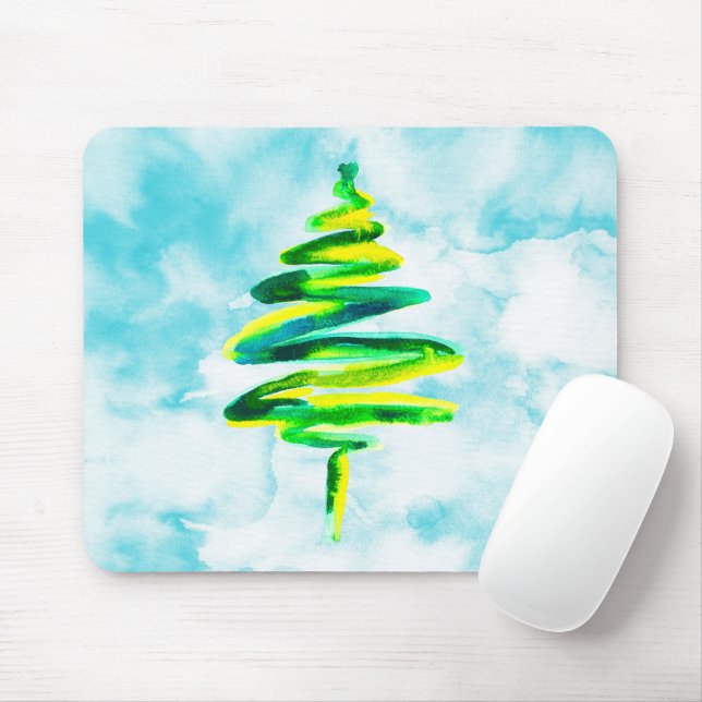 Tapis De Souris Arbre de Noël bleu abstrait aquarelle Souris Pad (Avec souris)