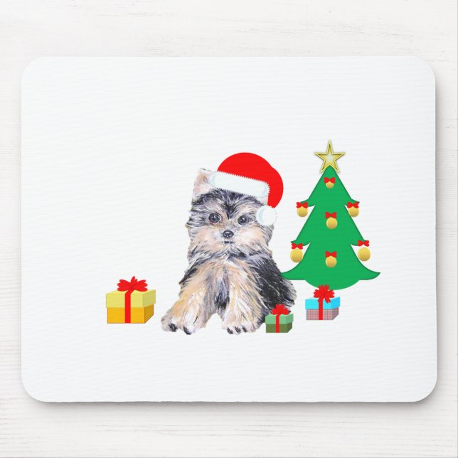 Tapis De Souris Arbre de Noël, Chien chiot du Yorkshire & cadeaux (Devant)