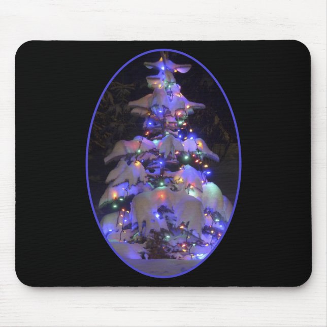 Tapis De Souris Arbre de Noël couvert de neige brillante (Devant)