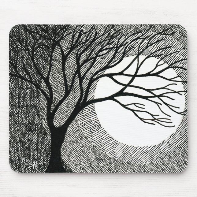 Tapis De Souris Arbre et lune d'hiver en noir et blanc (Devant)