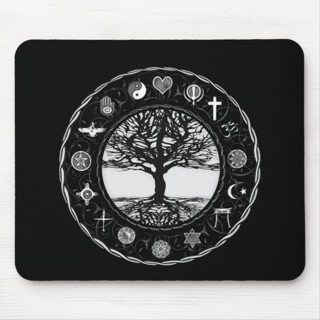 Tapis De Souris Arbre noir et blanc de religions du monde (Devant)