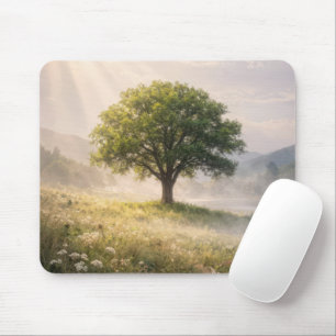 Tapis De Souris Arbre vert dans la brume de la prairie