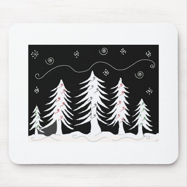 Tapis De Souris Arbres de Noël lunaires en noir et blanc (Devant)