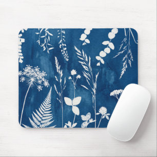 Tapis De Souris Art botanique de fougère au cyanotype bleu indigo
