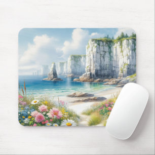 Tapis De Souris Art de plage de fleurs sauvages de falaises côtièr
