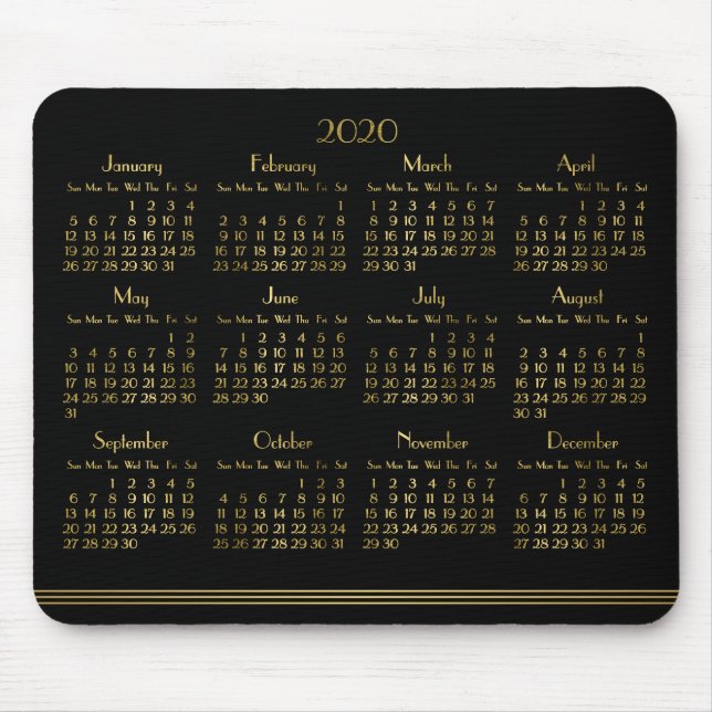 Tapis De Souris Art Déco Black Gold Calendrier Annuel 2020 Mousepa (Devant)