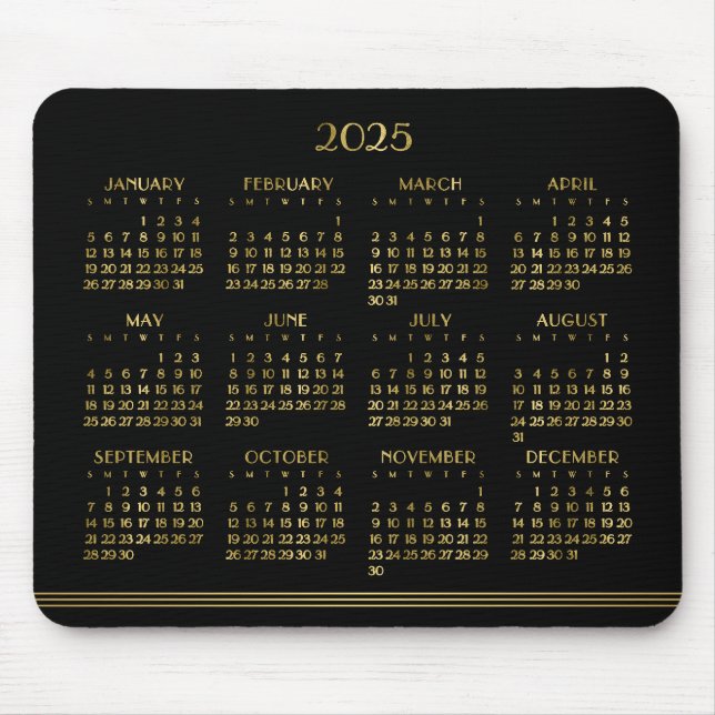 Tapis De Souris Art Déco Black Gold Calendrier Annuel 2025 (Devant)
