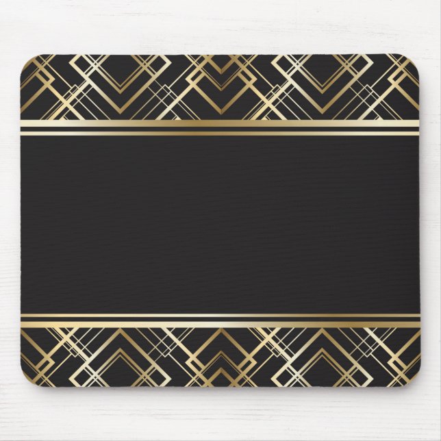 Tapis De Souris Art déco, noir, or, élégant, chic, monogramme (Devant)