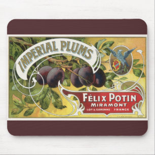 Tapis De Souris Art d'étiquette de caisse de fruits vintage, prune