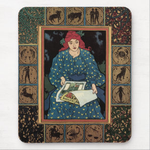 Tapis De Souris Art Nouveau vintage, femme lisant un livre d'astro