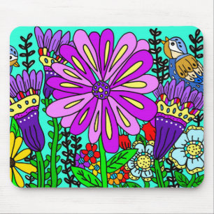 Tapis De Souris Art populaire coloré Oiseaux et fleurs