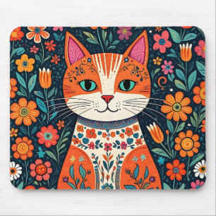 Tapis De Souris Art populaire Whimsical Chat et Fleurs
