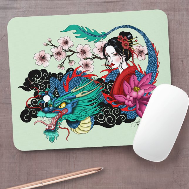 Tapis De Souris Asian Geisha Dragon Cherry Blossoms Blue (Créateur téléchargé)