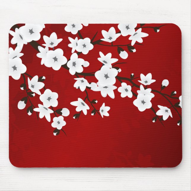 Tapis De Souris Asie Floral blanc cerisier rouge (Devant)