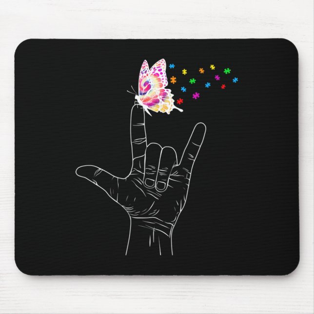 Tapis De Souris ASL I Love You Hand Sign Language Butterfly Autism (Devant)