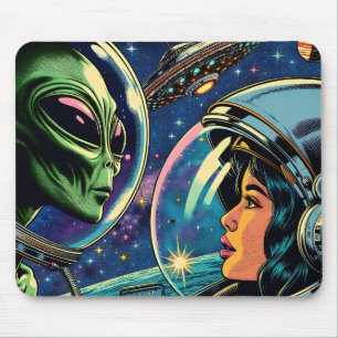 Tapis De Souris Astronaute femme rencontre un extraterrestre alien