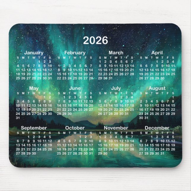Tapis De Souris Aurora Night Sky Landscape 2026 Calendar (Devant)