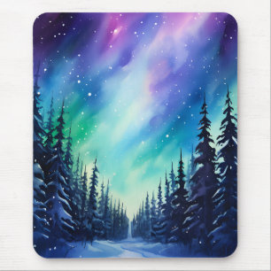 Tapis De Souris Aurore boréale aquarelle Lumières du Nord 