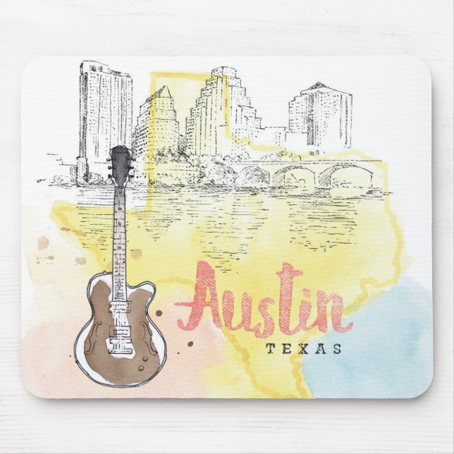 Tapis De Souris Austin, croquis d'aquarelle du Texas | (Devant)