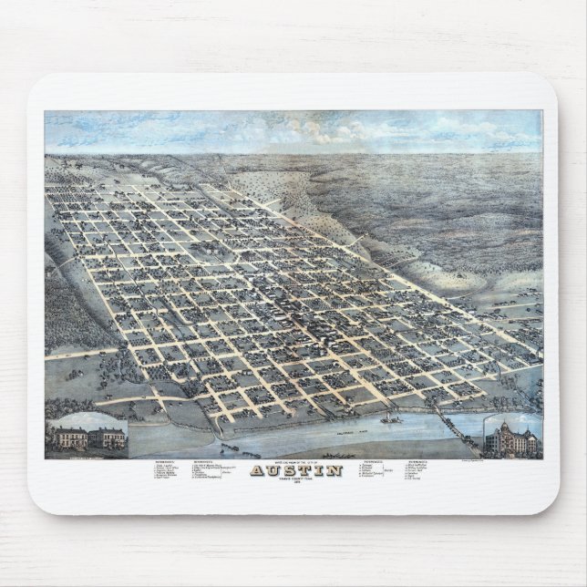 Tapis De Souris Austin, Texas Antique Aerial City Carte de 1873 (Devant)
