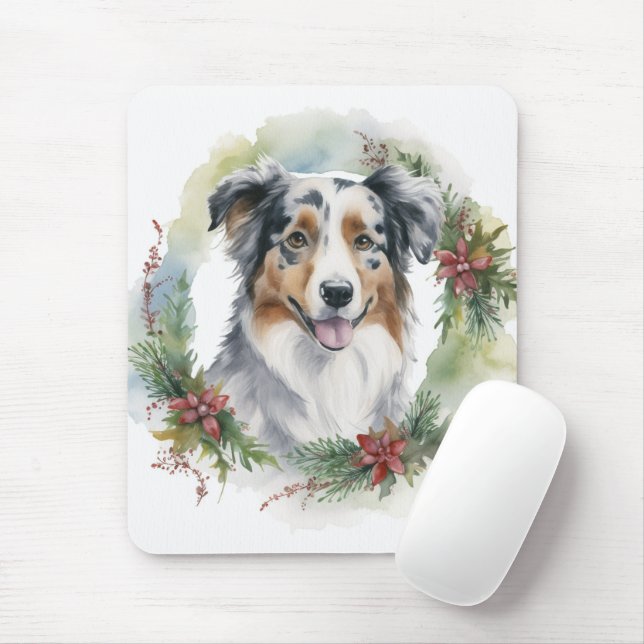 Tapis De Souris Australian Shepherd Christmas Wreath Festive Pup (Avec souris)