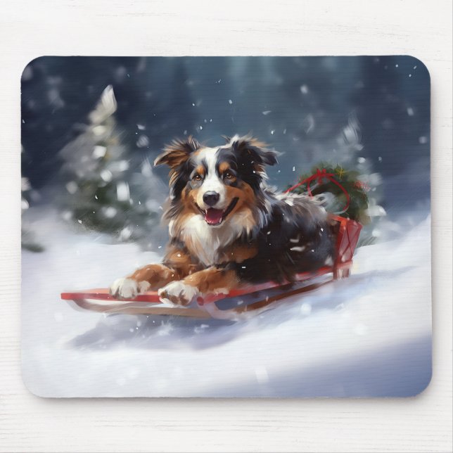 Tapis De Souris Australian Shepherd hiver neige de Noël (Devant)