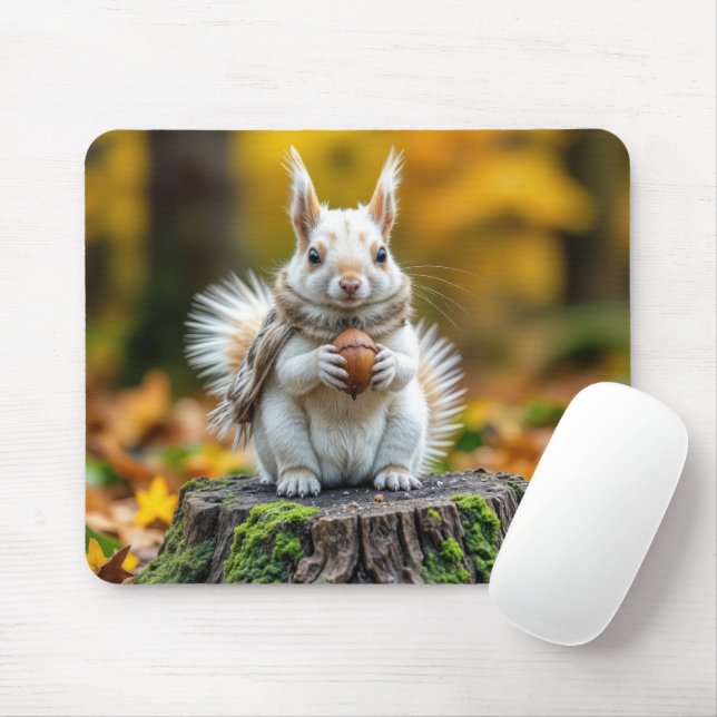 Tapis De Souris Autumn White Squirrel On a Tree Stump (Avec souris)