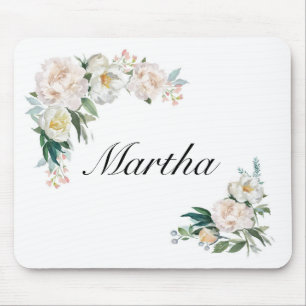 Tapis de souris avec nom et fleurs de pivoine blan