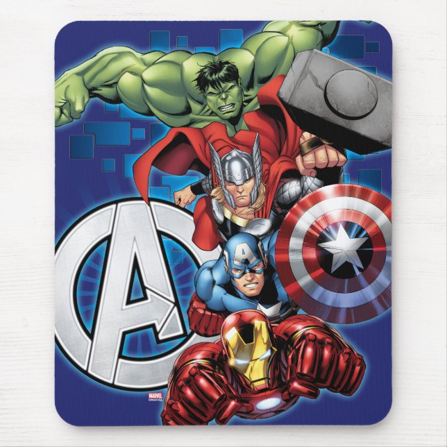Tapis De Souris Avengers | Groupe et logo haute technologie empilé (Devant)