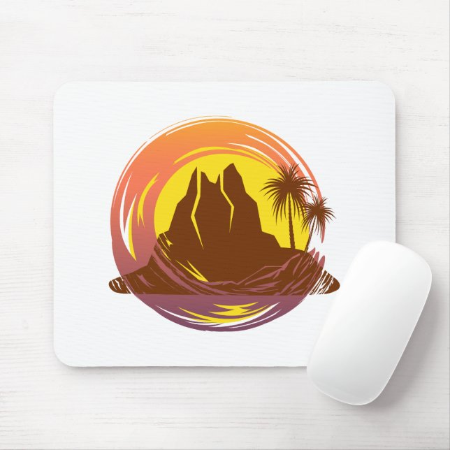 Tapis De Souris Badge avec paysage volcanique tropical et palmiers (Avec souris)