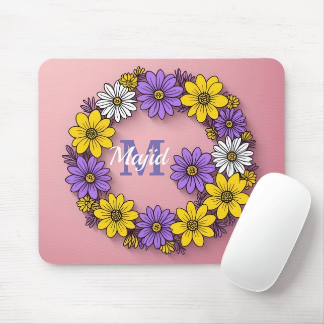 Tapis De Souris Bague arrondie de fleurs sur rose /Monogramme (Avec souris)