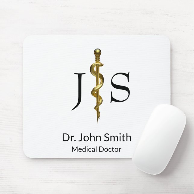 Tapis De Souris Baguette Médicale d'Asclepius Gold sur blanc (Avec souris)