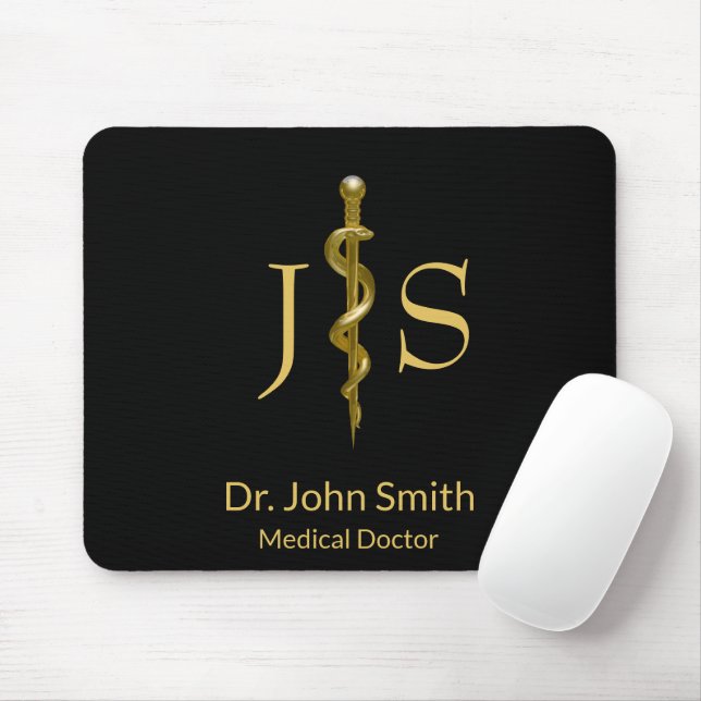 Tapis De Souris Baguette Médicale d'Asclepius Gold sur Noir (Avec souris)