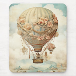 Tapis De Souris Ballon à air chaud vintage Steampunk Floral Blue (