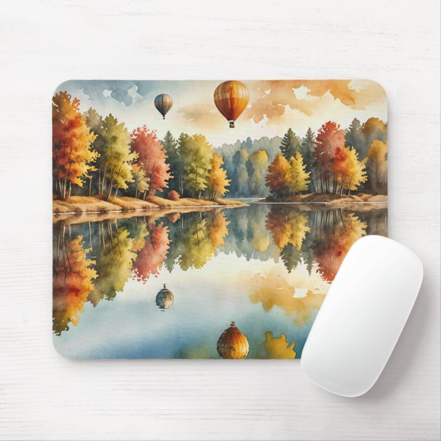 Tapis De Souris Ballons à air chaud survolant un lac d'automne (Avec souris)