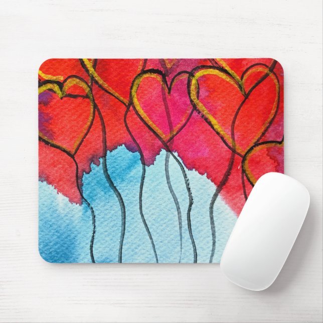 Tapis De Souris Ballons de coeur rouge Valentine aquarelle (Avec souris)