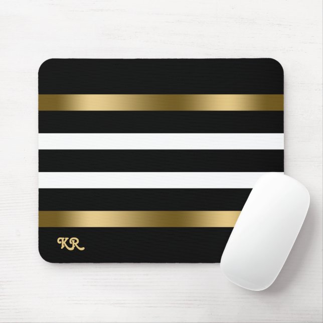 Tapis De Souris Bandes blanches et noires Accents or motif (Avec souris)