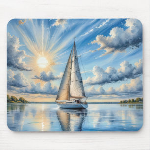 Tapis De Souris Bateau À Voile Aquarelle Naviguant Sous Le Soleil