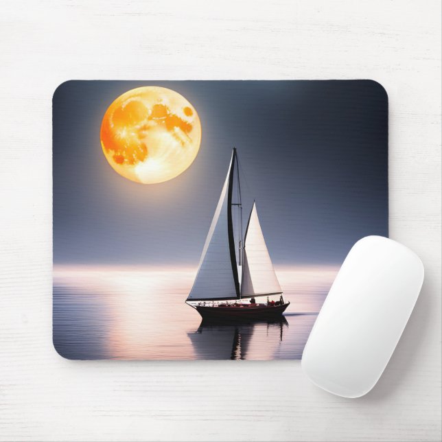 Tapis De Souris Bateau à voile et Pleine lune sur l'eau (Avec souris)