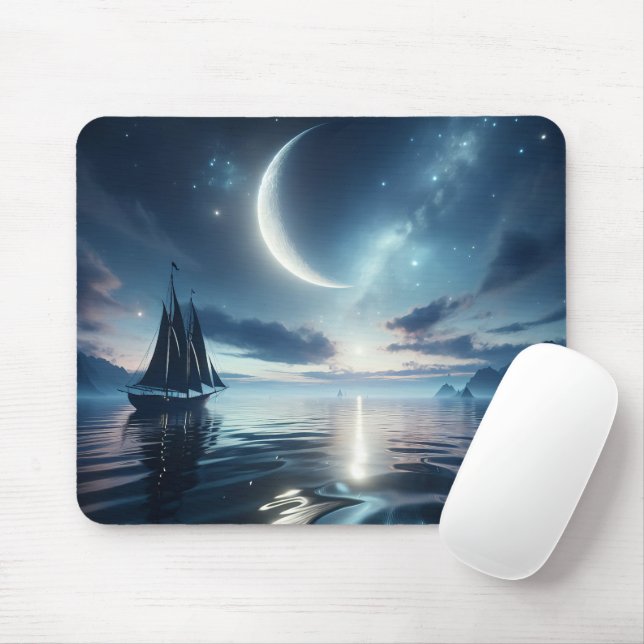 Tapis De Souris Bateau à voile naviguant sur l'eau Lune (Avec souris)
