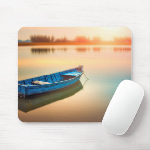 Tapis De Souris Bateau Rustique Bleu Sur Calm Lake