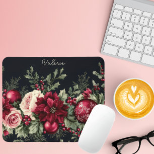 Tapis De Souris Baubles de Noël colorés avec Poinsettia