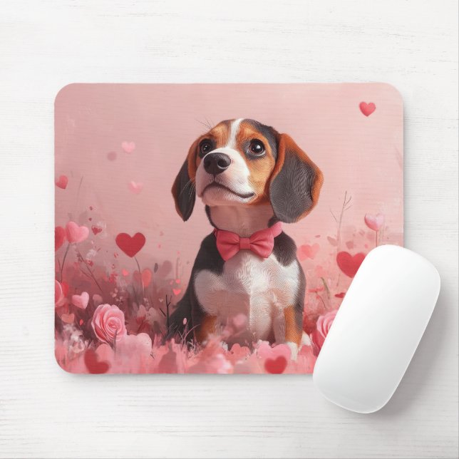 Tapis De Souris Beagle avec Rose - Saint Valentin (Avec souris)