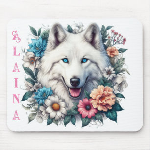 Tapis De Souris Beau loup blanc aux fleurs